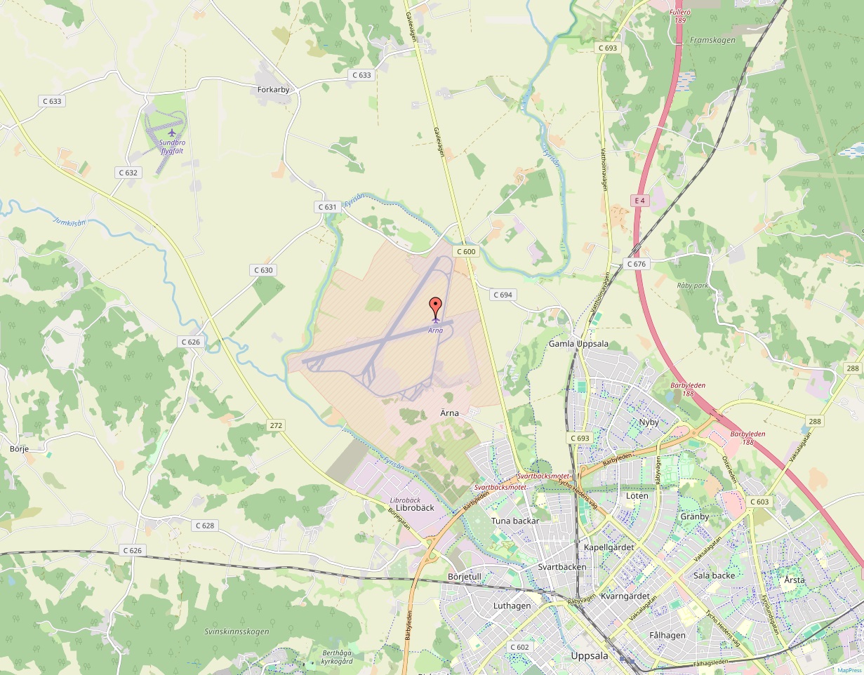 Uppsala-Ärna Flygplats Karta